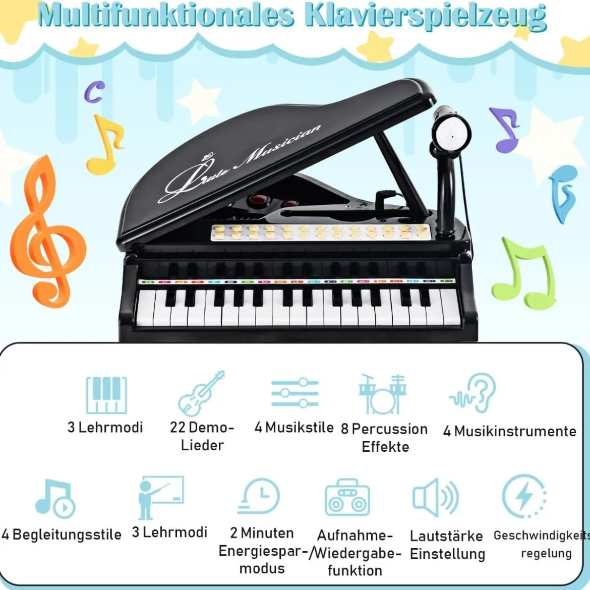 Kinderklavier mit 31 Tasten & Hocker Spielzeugklavier tragbar 35 x 30 x 55 cm Schwarz