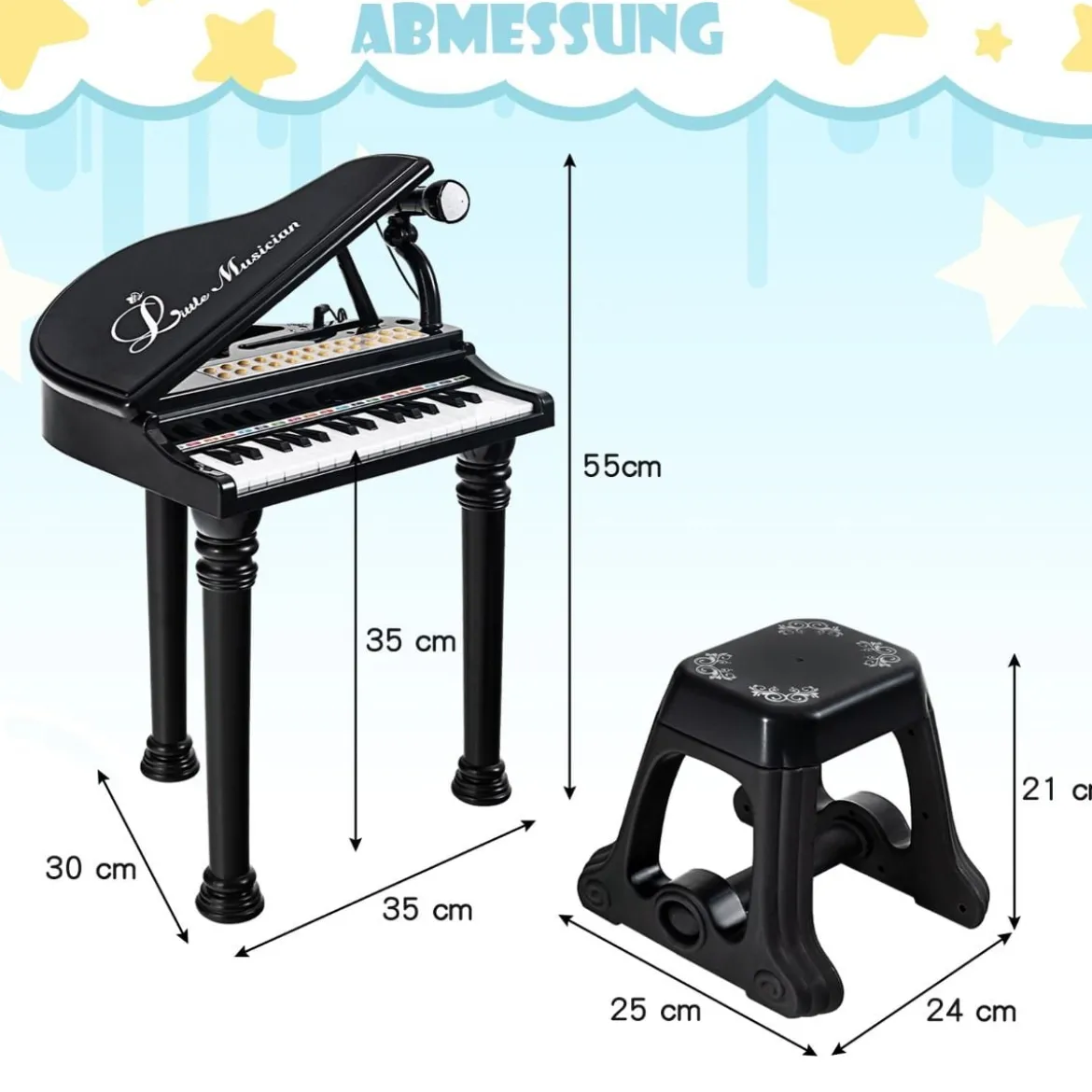 Kinderklavier mit 31 Tasten & Hocker Spielzeugklavier tragbar 35 x 30 x 55 cm Schwarz