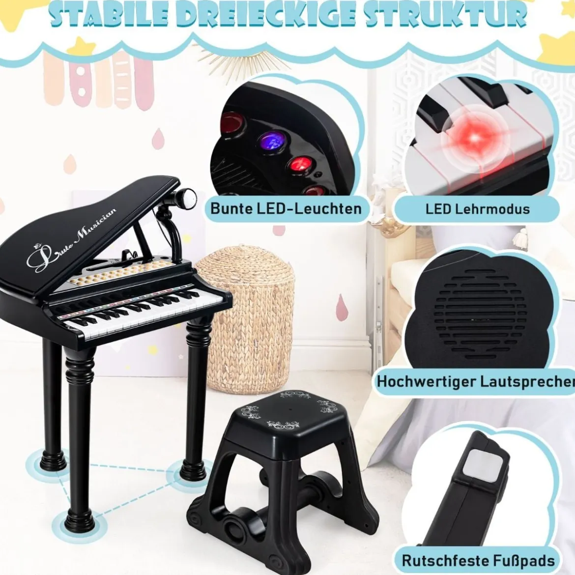 Kinderklavier mit 31 Tasten & Hocker Spielzeugklavier tragbar 35 x 30 x 55 cm Schwarz