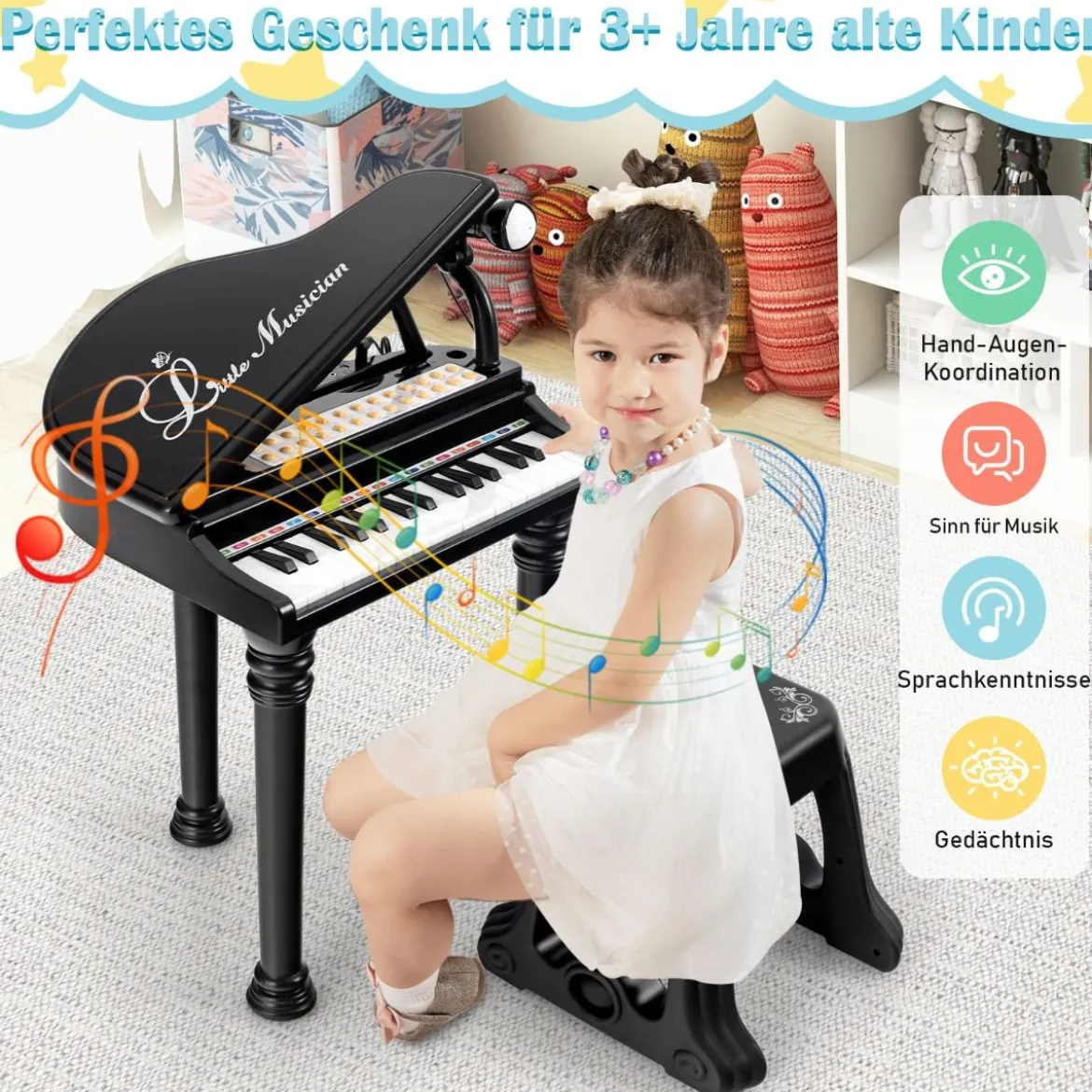 Kinderklavier mit 31 Tasten & Hocker Spielzeugklavier tragbar 35 x 30 x 55 cm Schwarz