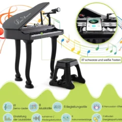 Kinderklavier mit 37 Tasten & Hocker Spielzeugklavier Tragbar 47 x 37 x 70 cm Schwarz