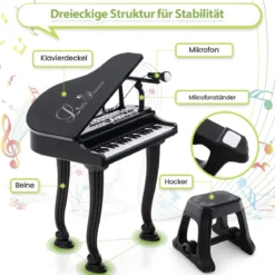Kinderklavier mit 37 Tasten & Hocker Spielzeugklavier Tragbar 47 x 37 x 70 cm Schwarz