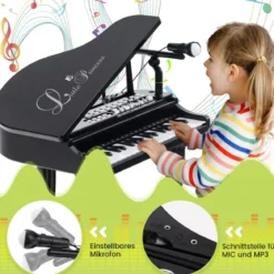Kinderklavier mit 37 Tasten & Hocker Spielzeugklavier Tragbar 47 x 37 x 70 cm Schwarz