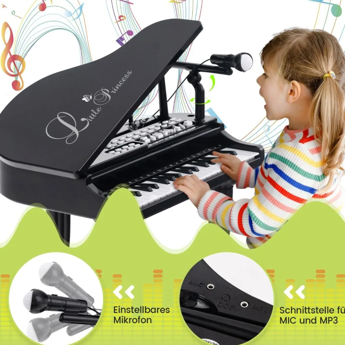 Kinderklavier mit 37 Tasten & Hocker Spielzeugklavier Tragbar 47 x 37 x 70 cm Schwarz