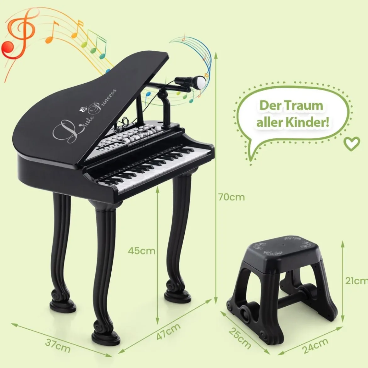 Kinderklavier mit 37 Tasten & Hocker Spielzeugklavier Tragbar 47 x 37 x 70 cm Schwarz