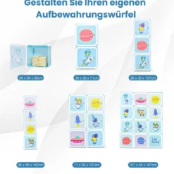 Kinder Kleiderschrank mit 2 Hängeabschnitten & 12 Würfeln Niedliche Cartoon-Kommode Blau