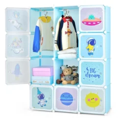 Kinder Kleiderschrank mit 2 Hängeabschnitten & 12 Würfeln Niedliche Cartoon-Kommode Blau