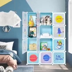 Kinder Kleiderschrank mit 2 Hängeabschnitten & 12 Würfeln Niedliche Cartoon-Kommode Blau