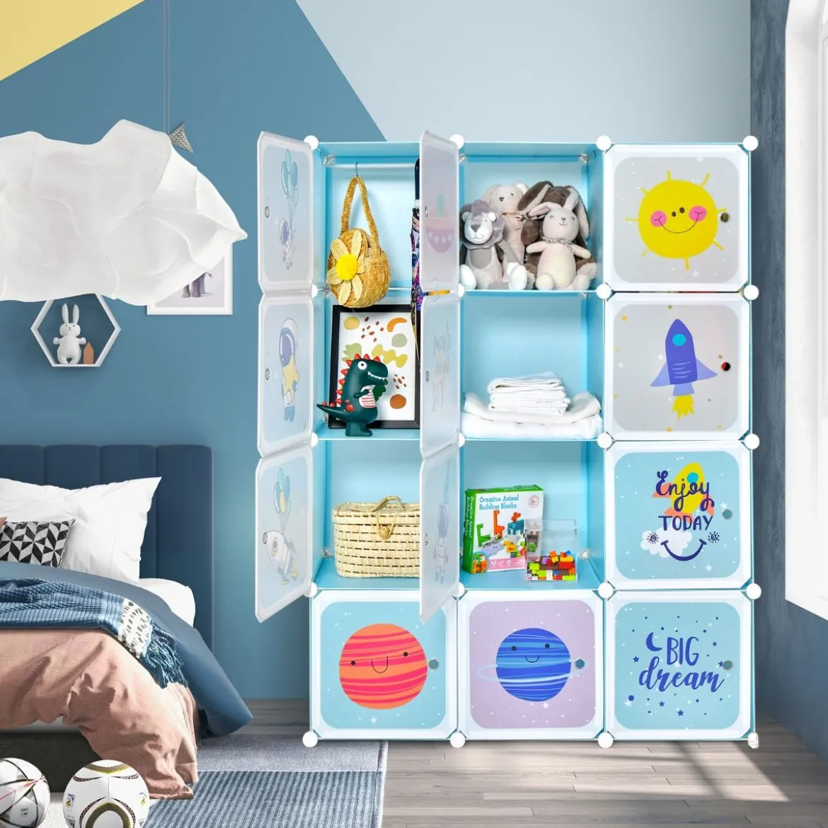 Kinder Kleiderschrank mit 2 Hängeabschnitten & 12 Würfeln Niedliche Cartoon-Kommode Blau