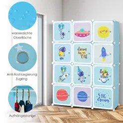 Kinder Kleiderschrank mit 2 Hängeabschnitten & 12 Würfeln Niedliche Cartoon-Kommode Blau