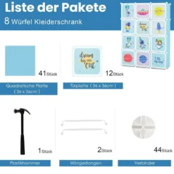 Kinder Kleiderschrank mit 2 Hängeabschnitten & 12 Würfeln Niedliche Cartoon-Kommode Blau