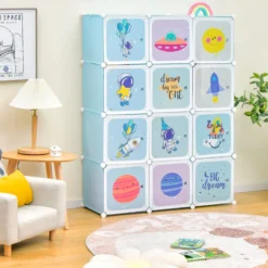 Kinder Kleiderschrank mit 2 Hängeabschnitten & 12 Würfeln Niedliche Cartoon-Kommode Blau