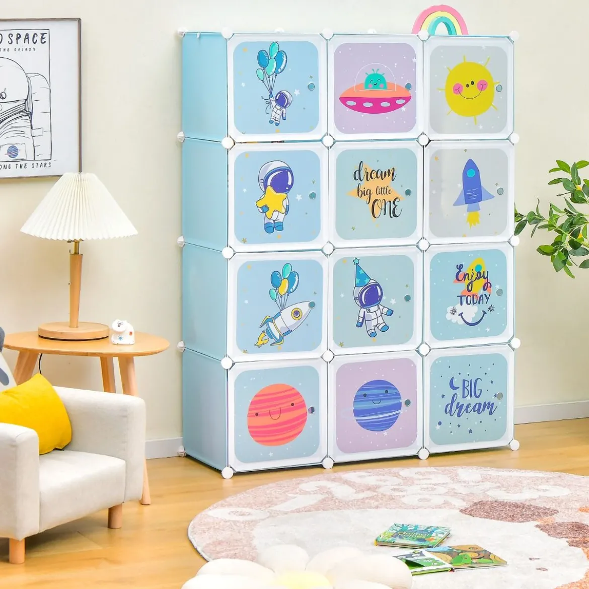 Kinder Kleiderschrank mit 2 Hängeabschnitten & 12 Würfeln Niedliche Cartoon-Kommode Blau