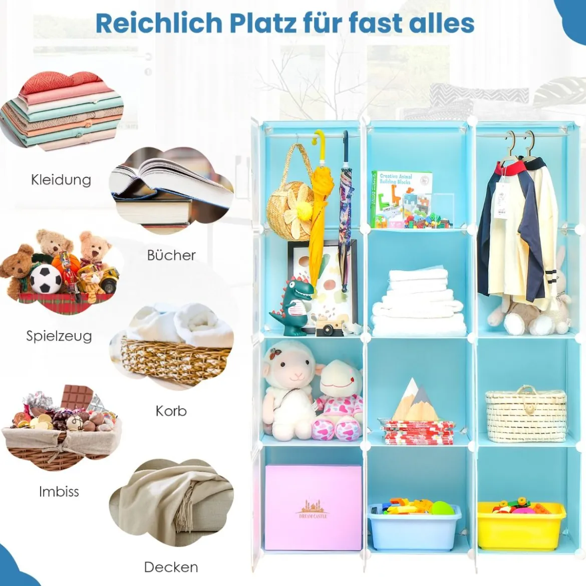 Kinder Kleiderschrank mit 2 Hängeabschnitten & 12 Würfeln Niedliche Cartoon-Kommode Blau