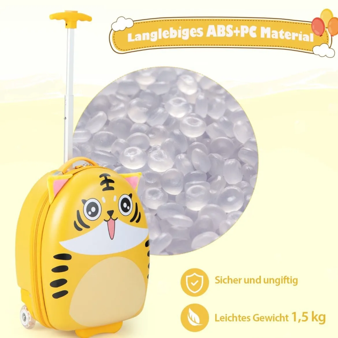 16" Kinderkoffer mit Plüschohren & 2 blinkenden Rädern & 2-stufigem Teleskopgriff Tiger