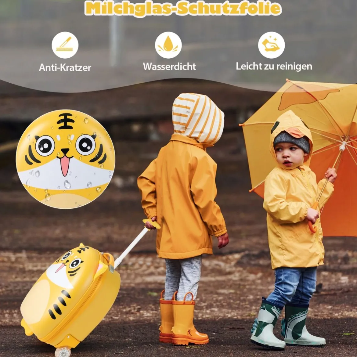 16" Kinderkoffer mit Plüschohren & 2 blinkenden Rädern & 2-stufigem Teleskopgriff Tiger