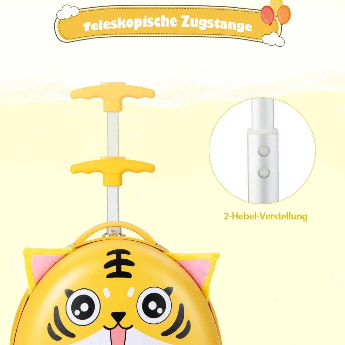 16" Kinderkoffer mit Plüschohren & 2 blinkenden Rädern & 2-stufigem Teleskopgriff Tiger
