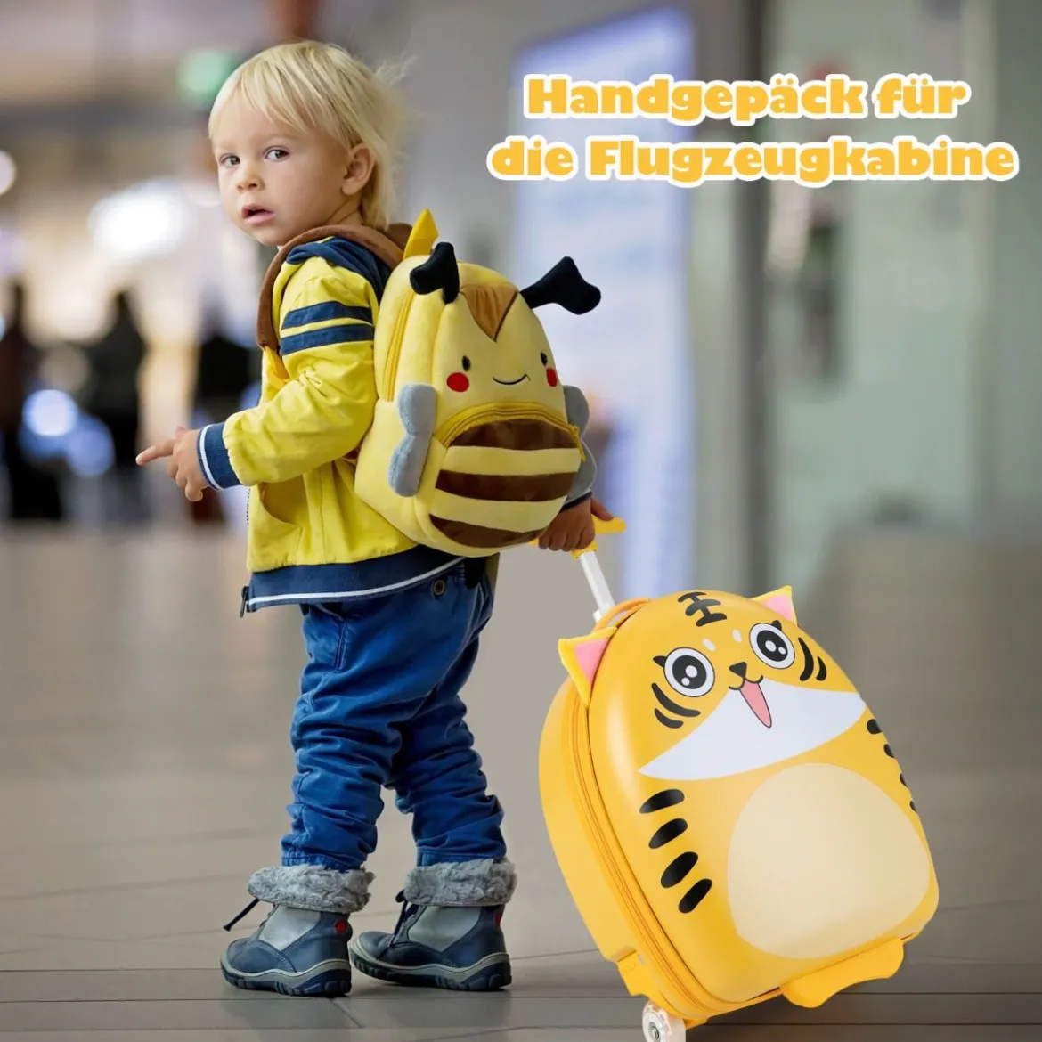 16" Kinderkoffer mit Plüschohren & 2 blinkenden Rädern & 2-stufigem Teleskopgriff Tiger