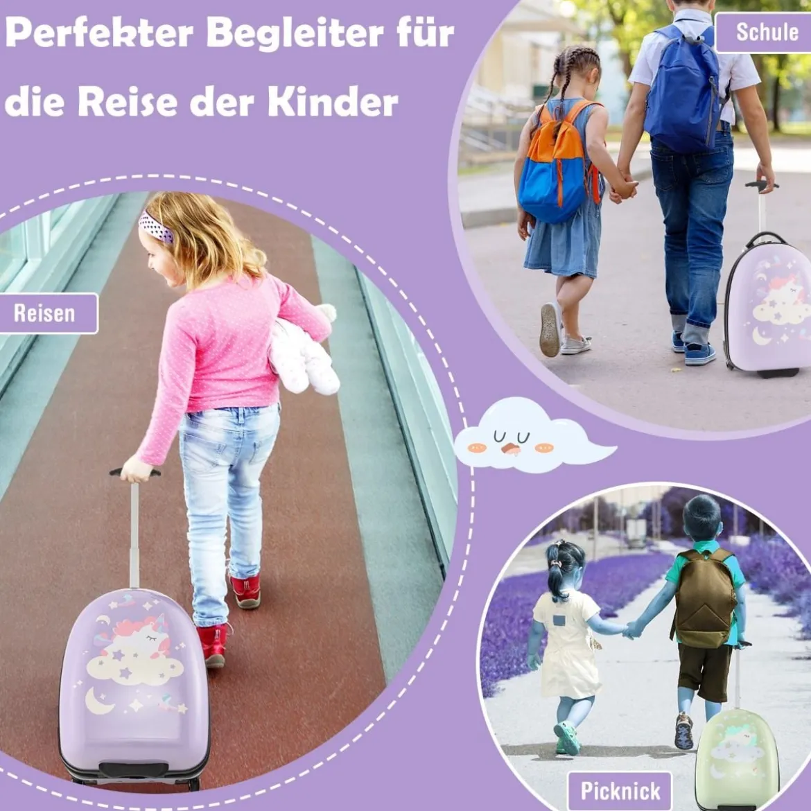 16" Kinderkoffer mit 2-stufigem Teleskopgriff Kindertrolley Kinder Handgepäck Einhörner