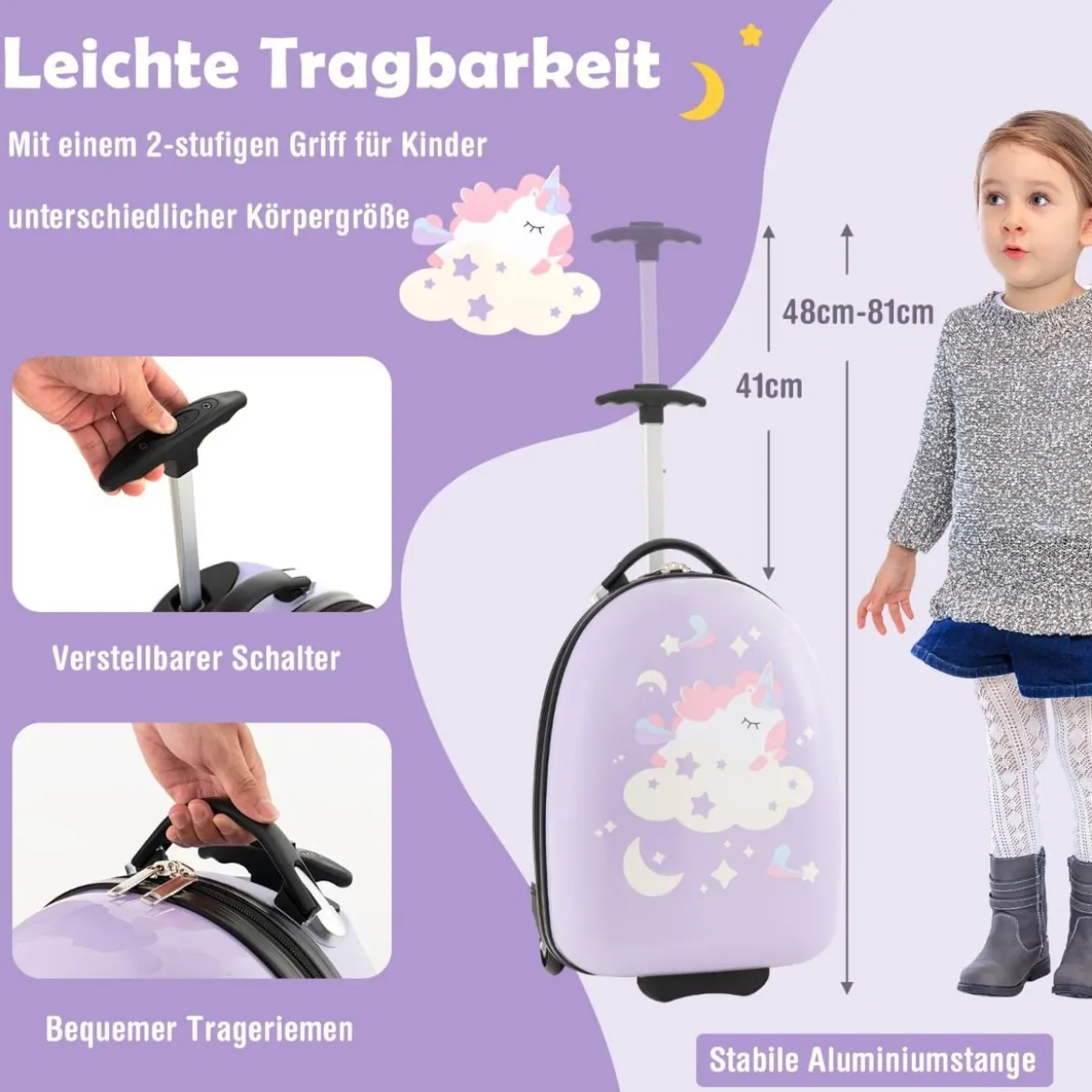 16" Kinderkoffer mit 2-stufigem Teleskopgriff Kindertrolley Kinder Handgepäck Einhörner