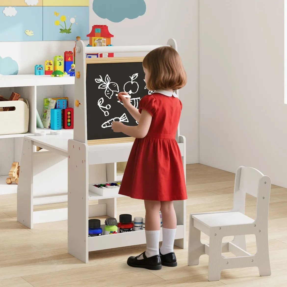 Kinderkunsttisch- & Stuhl-Set Kindertisch mit Staffelei & Stuhl Whiteboard & Kreidetafel Grau