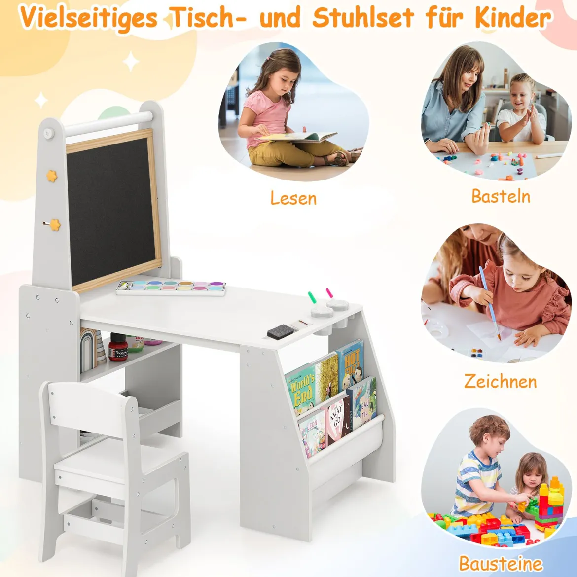 Kinderkunsttisch- & Stuhl-Set Kindertisch mit Staffelei & Stuhl Whiteboard & Kreidetafel Grau