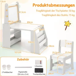Kinderkunsttisch- & Stuhl-Set Kindertisch mit Staffelei & Stuhl Whiteboard & Kreidetafel Grau