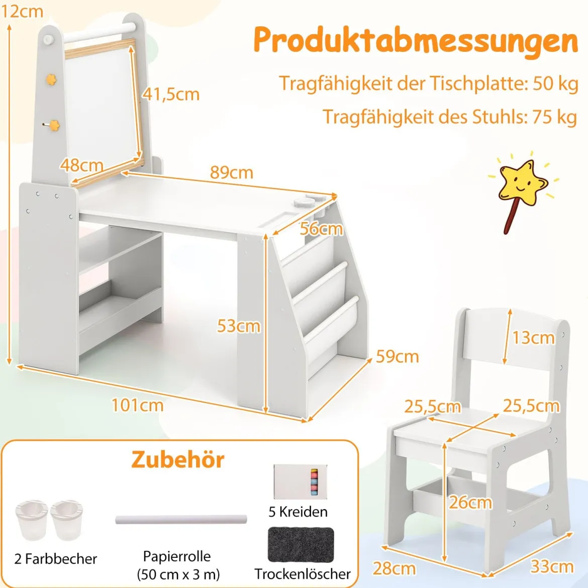 Kinderkunsttisch- & Stuhl-Set Kindertisch mit Staffelei & Stuhl Whiteboard & Kreidetafel Grau
