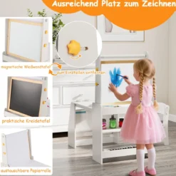 Kinderkunsttisch- & Stuhl-Set Kindertisch mit Staffelei & Stuhl Whiteboard & Kreidetafel Grau