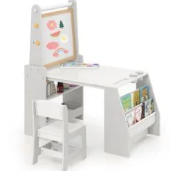 Kinderkunsttisch- & Stuhl-Set Kindertisch mit Staffelei & Stuhl Whiteboard & Kreidetafel Grau