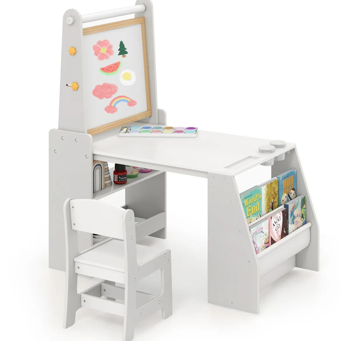 Kinderkunsttisch- & Stuhl-Set Kindertisch mit Staffelei & Stuhl Whiteboard & Kreidetafel Grau