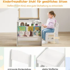Kinderkunsttisch- & Stuhl-Set Kindertisch mit Staffelei & Stuhl Whiteboard & Kreidetafel Grau