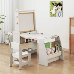 Kinderkunsttisch- & Stuhl-Set Kindertisch mit Staffelei & Stuhl Whiteboard & Kreidetafel Grau