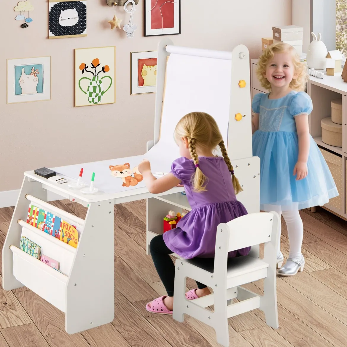 Kinderkunsttisch- & Stuhl-Set Kindertisch mit Staffelei & Stuhl Whiteboard & Kreidetafel Grau