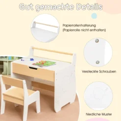 Kinderkunsttisch und Stuhl Holz Aktivitätstisch und Stuhl Set mit 2 in 1 abnehmbarem Tischplatte Weiß