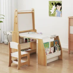 Kinderkunsttisch und Stuhl-Set multifunktionaler Kindertisch mit Staffelei & Stuhl Whiteboard & Kreidetafel Natur