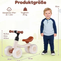 Kinder Laufrad mit 4 Leuchtenden Rädern Lauflernrad ohne Pedale mit 45° Lenkeinschlagsbegrenzung Weiß