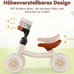 Kinder Laufrad mit 4 Leuchtenden Rädern Lauflernrad ohne Pedale mit 45° Lenkeinschlagsbegrenzung Weiß