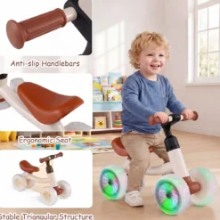 Kinder Laufrad mit 4 Leuchtenden Rädern Lauflernrad ohne Pedale mit 45° Lenkeinschlagsbegrenzung Weiß