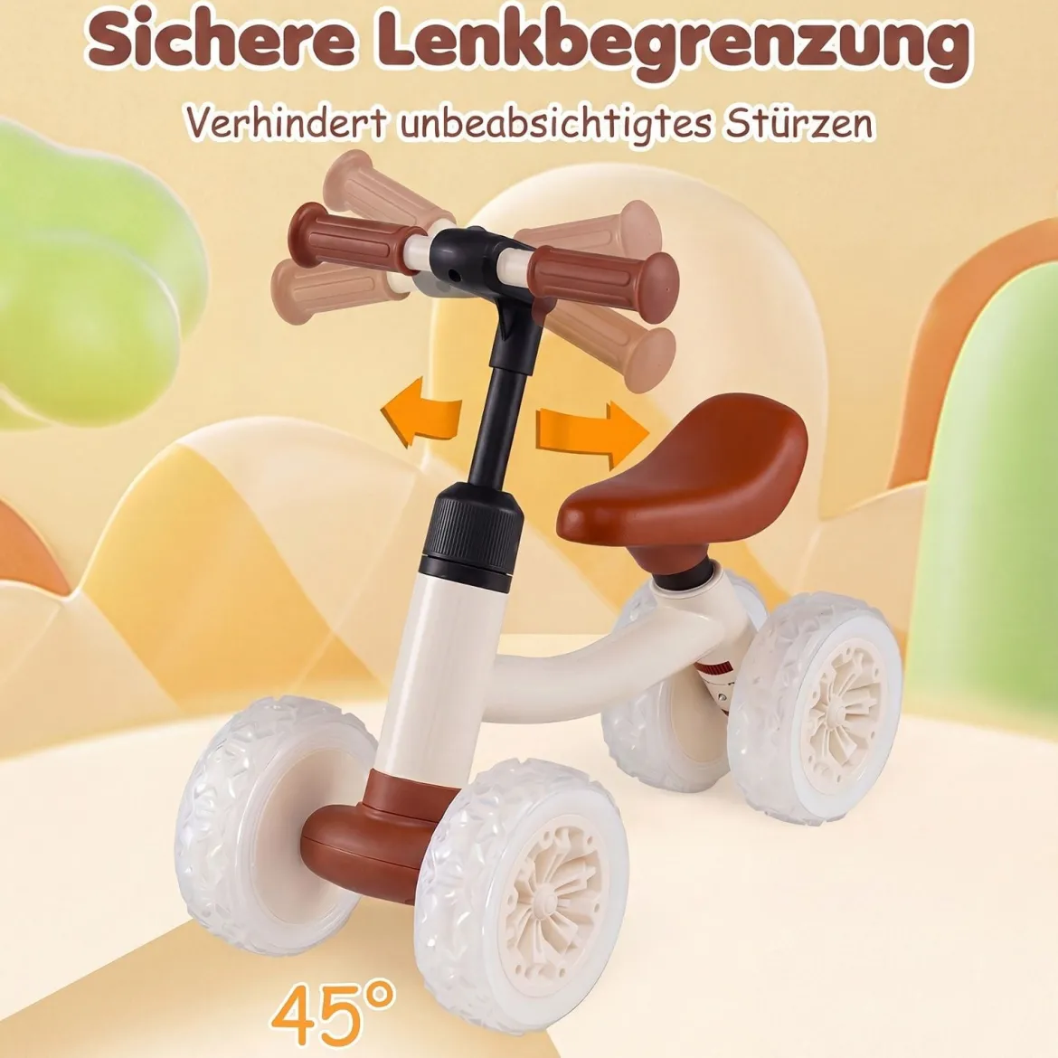 Kinder Laufrad mit 4 Leuchtenden Rädern Lauflernrad ohne Pedale mit 45° Lenkeinschlagsbegrenzung Weiß