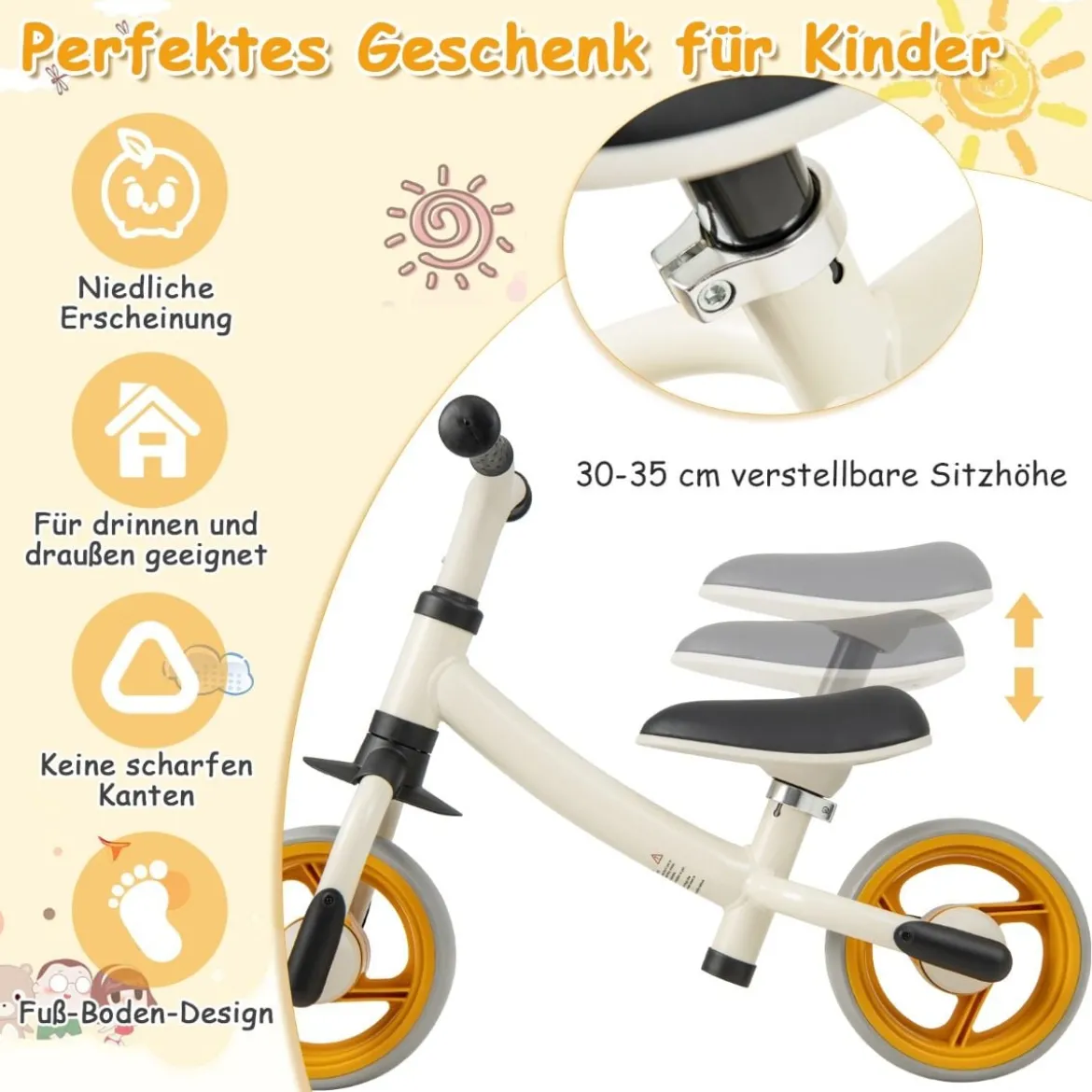 Kinder Laufrad ohne Pedal Höhenverstellbares Lauflernrad mit Begrenzter Lenkung & 2 Rädern Weiß