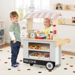 Kinder Lebensmittelwagen aus Holz auf 3 Rädern mit Kasse Foodtruck für Kinder ab 3 J. Grau