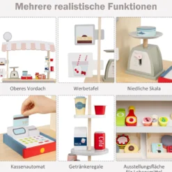 Kinder Lebensmittelwagen aus Holz auf 3 Rädern mit Kasse Foodtruck für Kinder ab 3 J. Grau