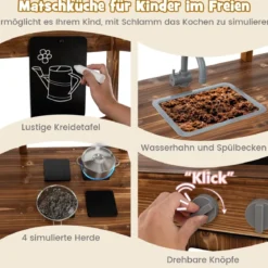 Kinder Matschküche aus Massivholz mit Vordach & Kreidetafel & Abnehmbarem Spülbecken