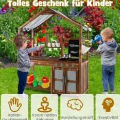 Kinder Matschküche aus Massivholz mit Vordach & Kreidetafel & Abnehmbarem Spülbecken