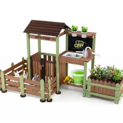 Kinder Matschküche Holz Gartenspielküche mit Pflanzkasten & 2 Blumentöpfen für Kinder ab 3 Jahren