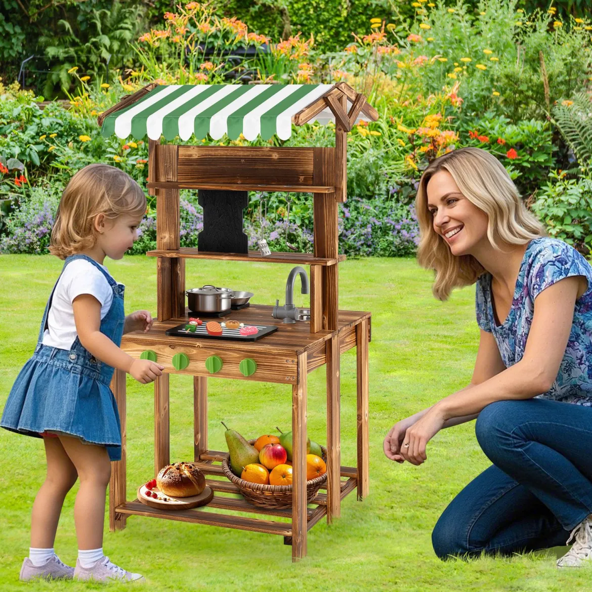 Kinder Matschküche mit Dach & Schultafel & Spüle & Wasserhahn Doppelseitige Spielküche