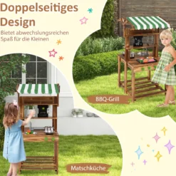 Kinder Matschküche mit Dach & Schultafel & Spüle & Wasserhahn Doppelseitige Spielküche