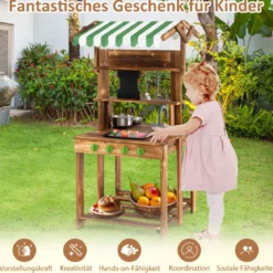 Kinder Matschküche mit Dach & Schultafel & Spüle & Wasserhahn Doppelseitige Spielküche