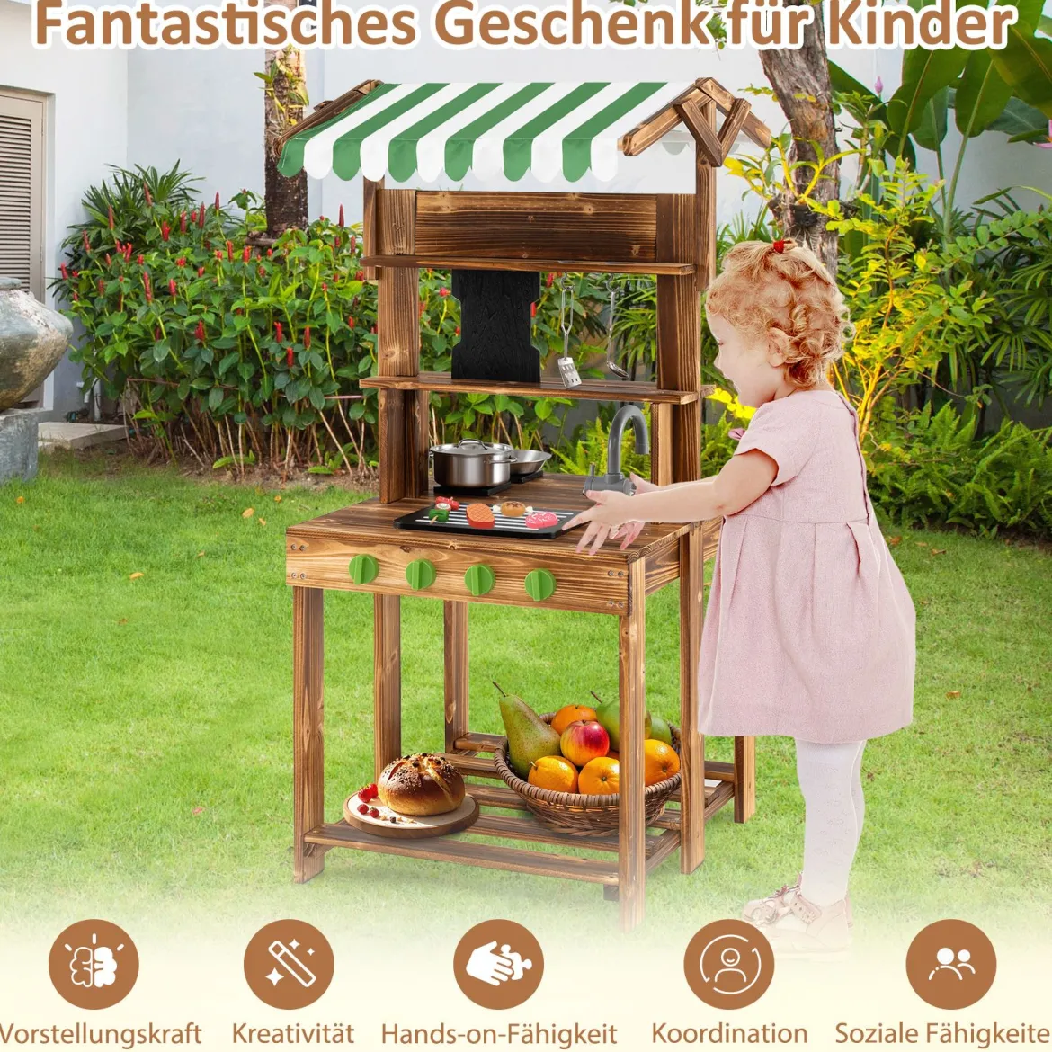 Kinder Matschküche mit Dach & Schultafel & Spüle & Wasserhahn Doppelseitige Spielküche